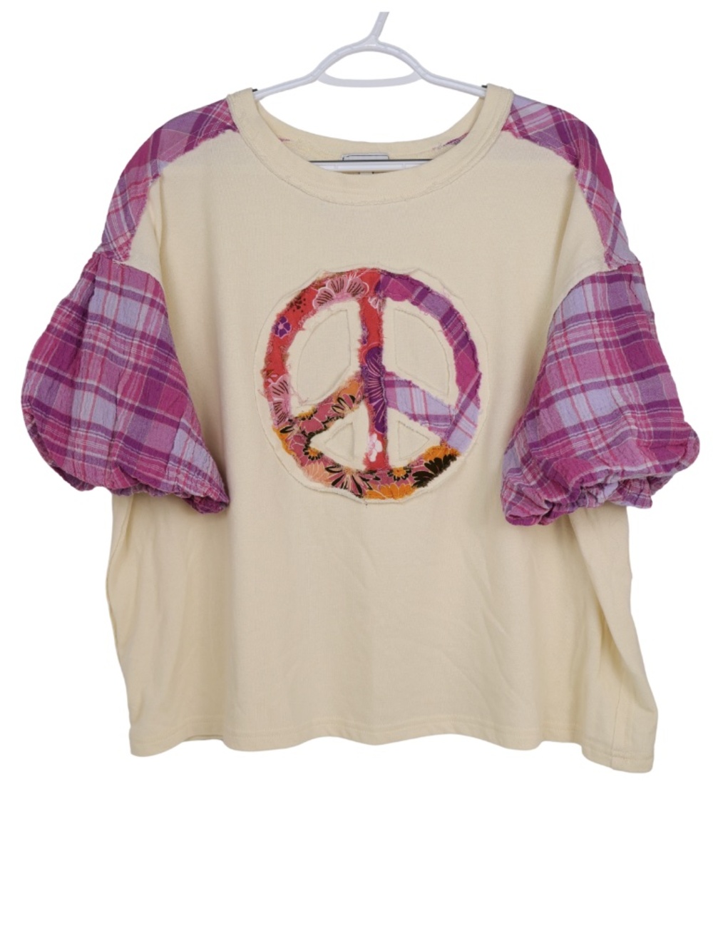 Sage + Fig Peace Sign Top Medium Purple Gingham Balloon Sleeve Patchwork Boh